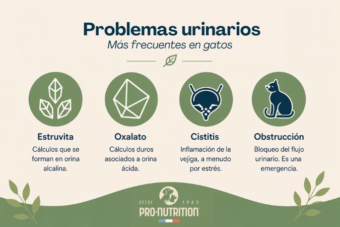 Infografía con los 4 problemas urinarios más frecuentes en gatos: cistitis, cálculos, uretritis y obstrucción — Pro-Nutrition